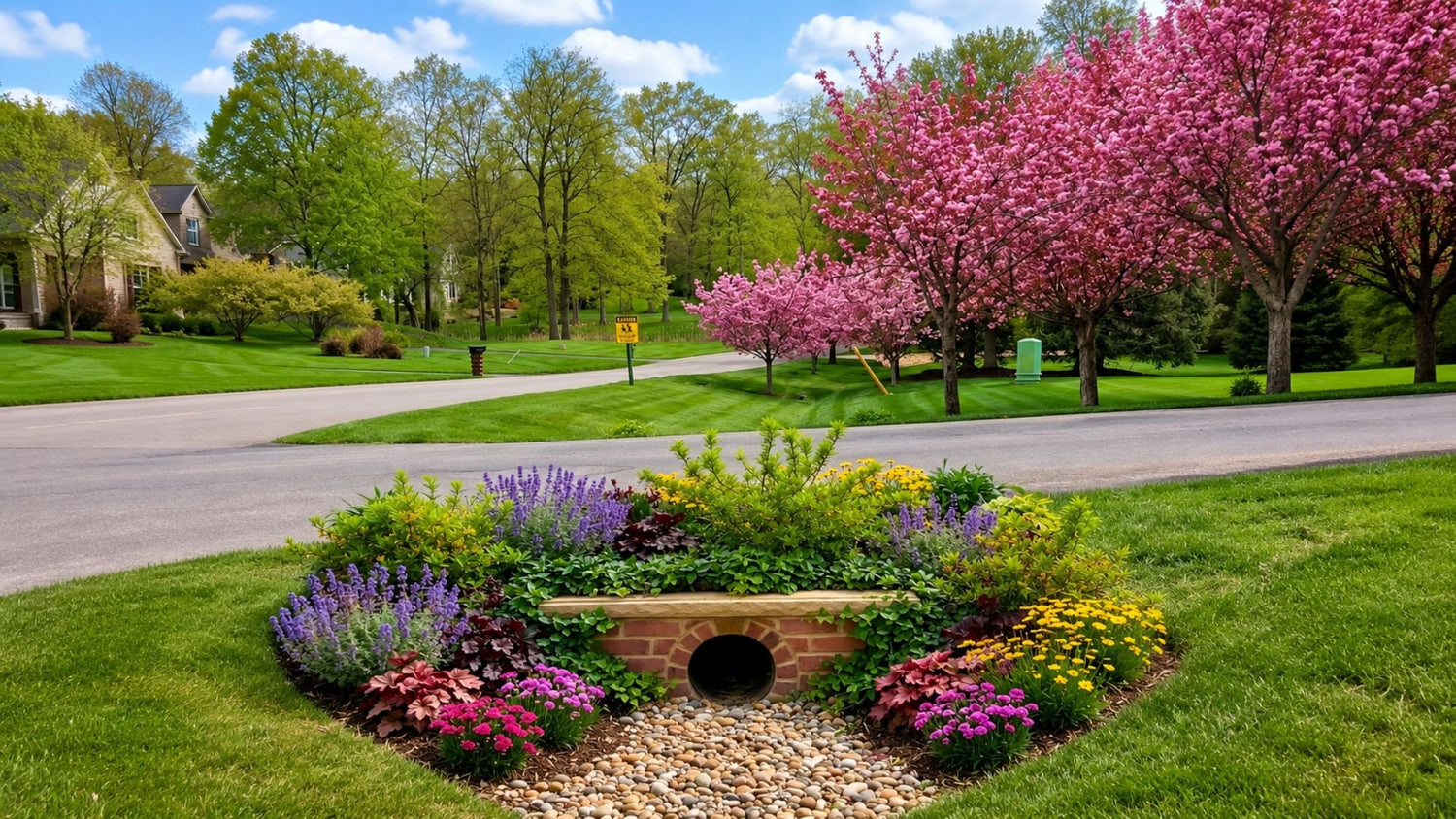 Decorative concrete culvert cover and headwall on landscaped driveway with flowing water at sunset