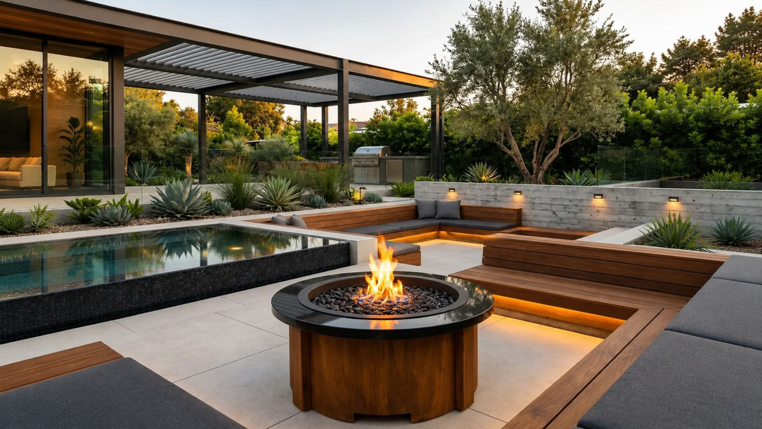 GFRC concrete fire pit in modern patio seating area with ambient lighting