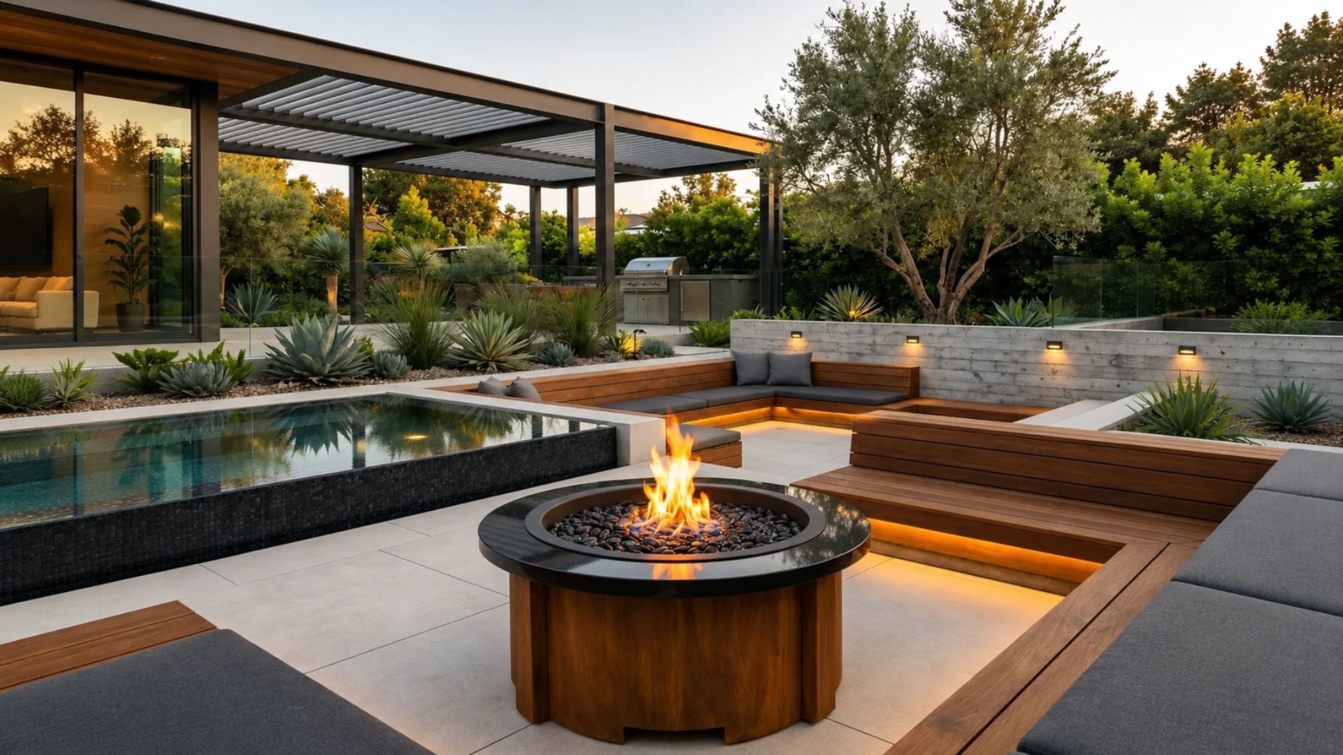 GFRC concrete fire pit in modern patio seating area with ambient lighting