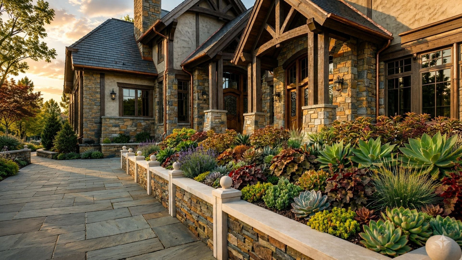 Culvert retaining wall system with decorative stone panels in a luxury residential landscape