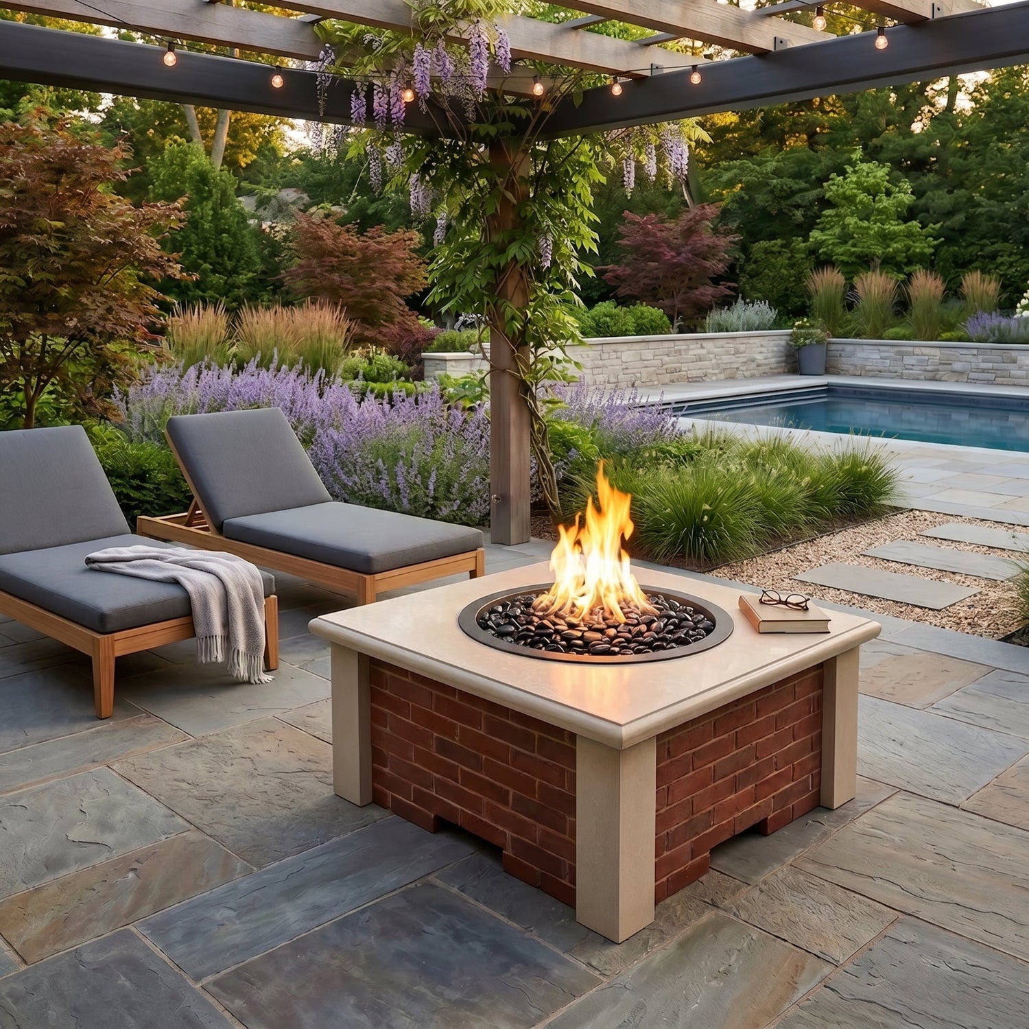Brickyard limestone gas or propane square fire pit