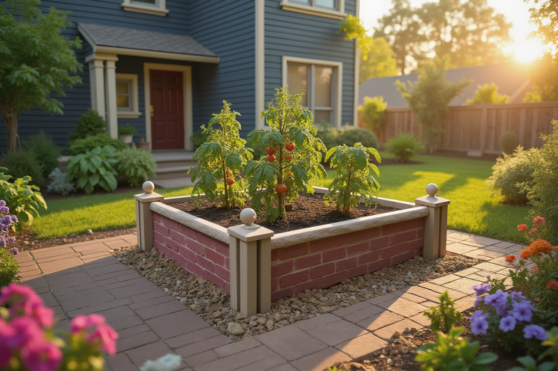 Raised garden bed with plants in a residential garden setting